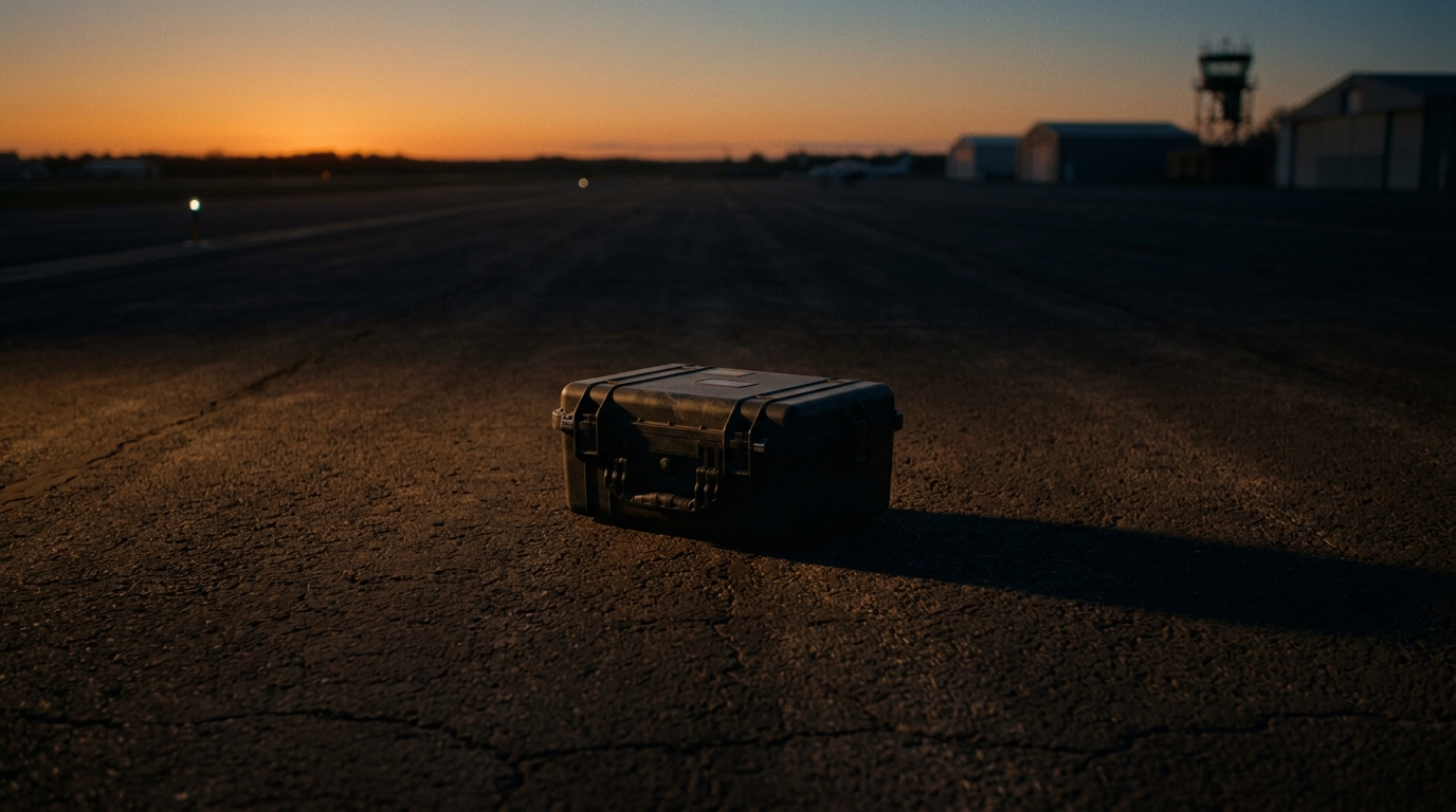 A single Pelican case alone on an airfield tarmac at dusk.