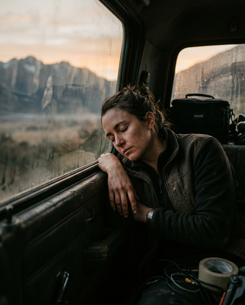 A cinematographer asleep against a truck window at dawn during a shoot.