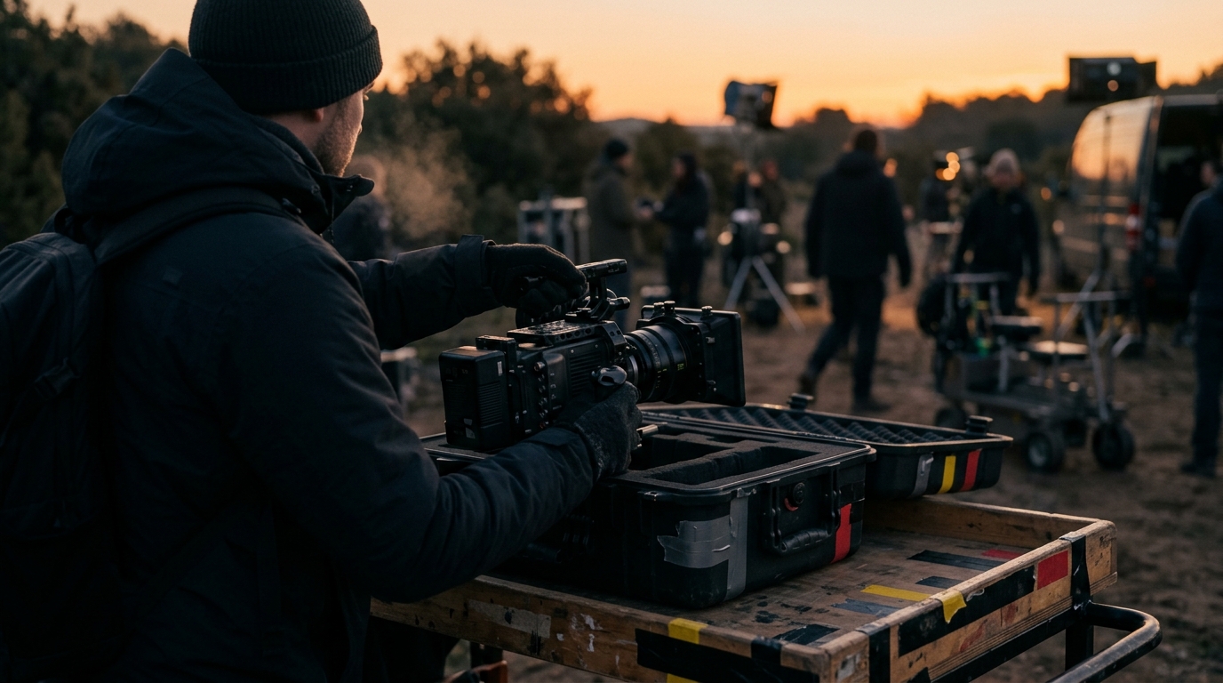A cinematographer packing a cinema camera into a Pelican case at dawn on set.