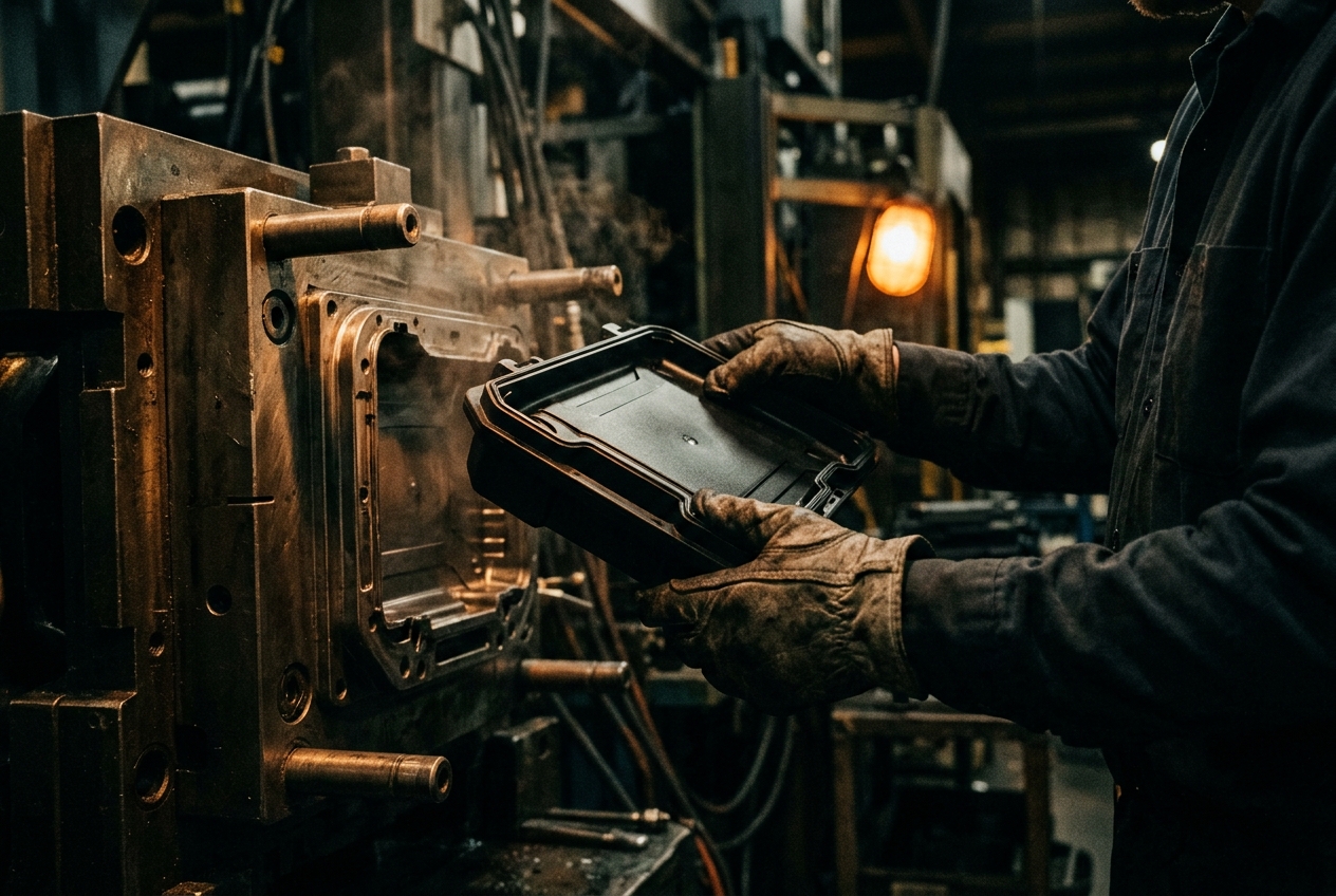 A worker's hands lifting a freshly molded case half from the mold in a US factory.