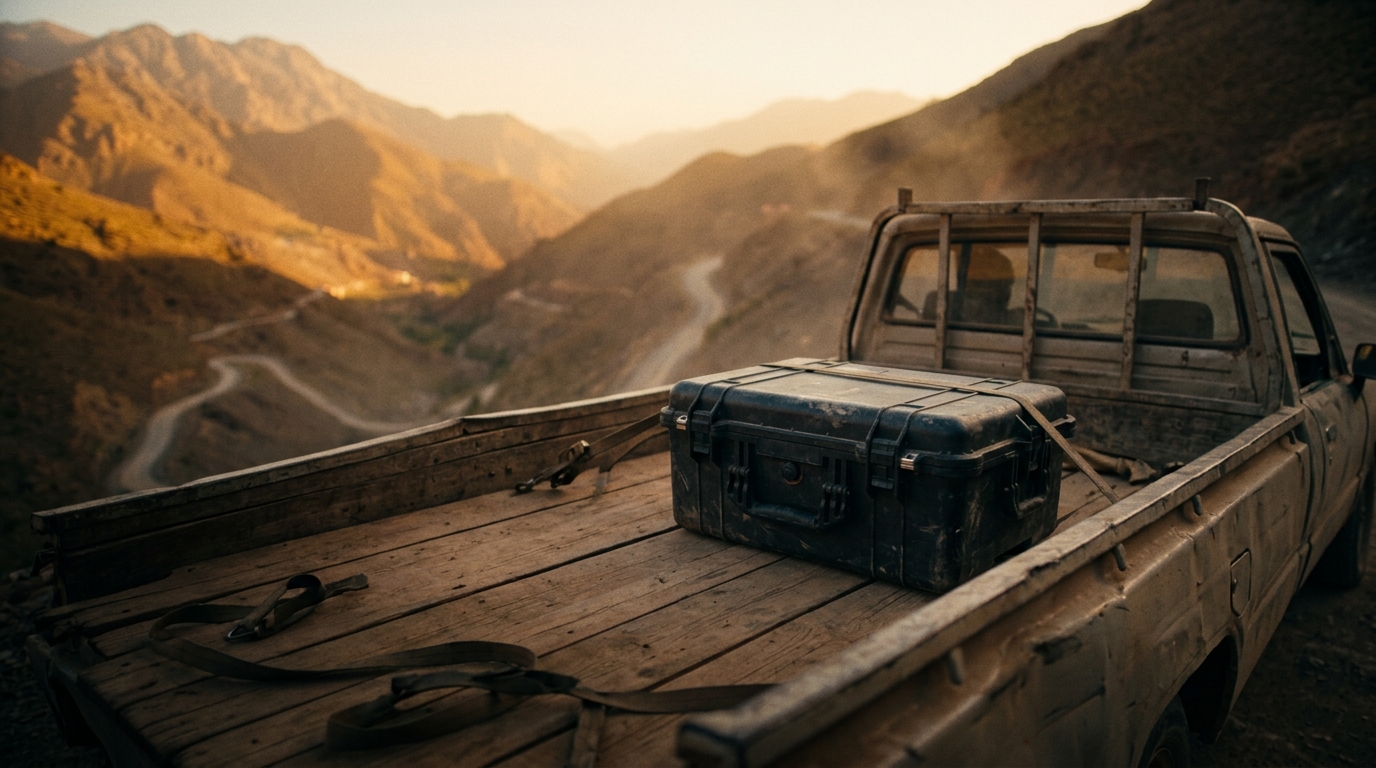 A Pelican 1510 carry-on case strapped to the back of a truck on an Atlas Mountains road at first light.