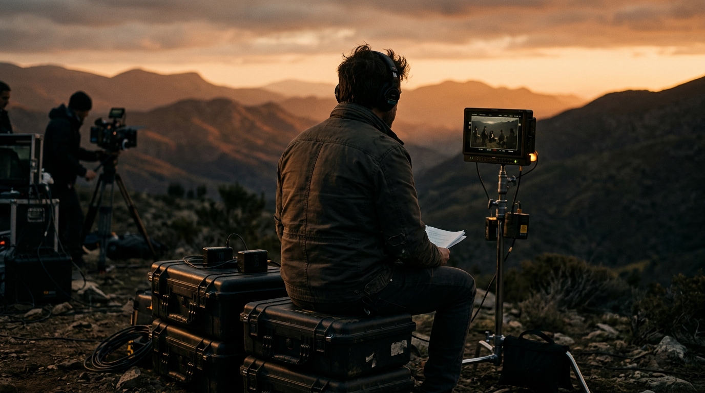 A director watching a monitor at a first-light location shoot, Pelican cases stacked nearby.