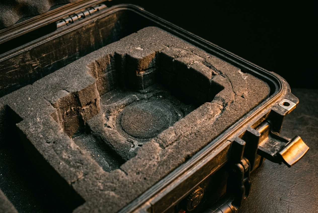 The worn foam interior of a Pelican case shaped to a camera body.
