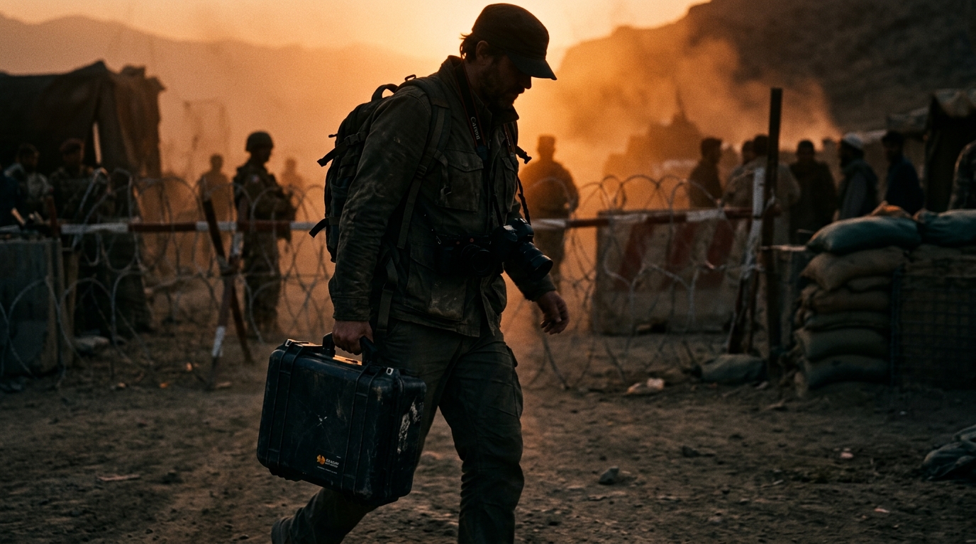 A photojournalist carrying a Pelican case through a checkpoint at dusk.